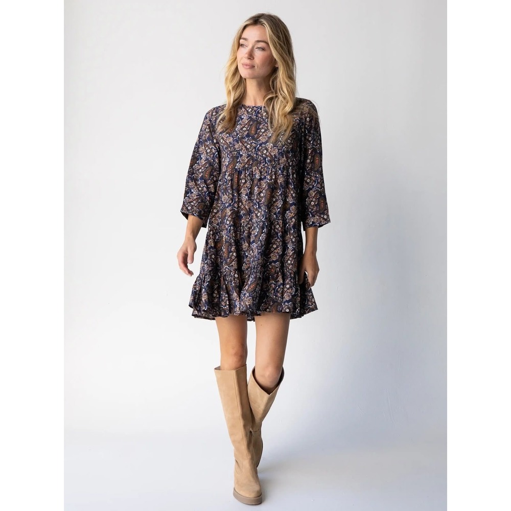 Natural Life Womens Paisley Long Sleeve Tiered Ruffle Mini Dress Navy Large NWT